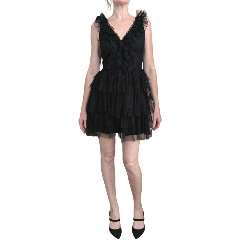 City Vibe Black Tulle Mini Dress Tiered Ruffle Skirt Goth Party LBD Size 7